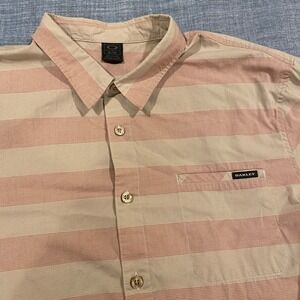 Oakley Mens XL Short Sleeve Button Up Shirt Striped Tan Pink Casual Pocket